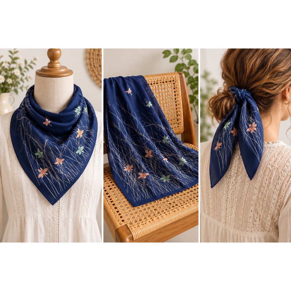 Vintage Japanese Blue Botanical Butterfly Scarf 28" Square Rayon Floral Meadow